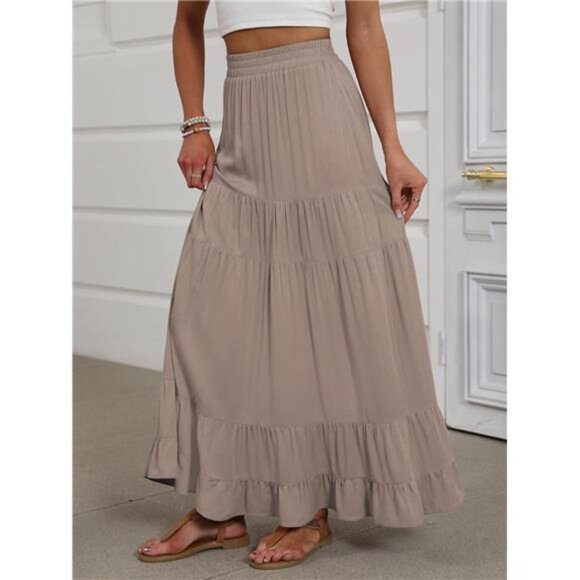 Womens Maxi Skirt High Waist Tiered A Line Flowy Pleated Boho Beach Vacation - Picture 3 of 7